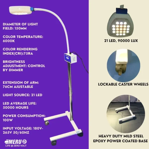 MERU TECHNOLOGIES 21 LED Examination Light - 90,000 LUX - Surgery OT Lights - With Intensity Controller, Hospitals, ICUs, OPDs, Dental Clinics, Microbiology Labs, PET Clinics (21 LED 90K LUX) - Image 4